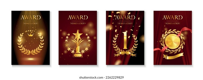 Award poster set with four isolated vertical compositions with ornate text curtains background and trophy images vector illustration