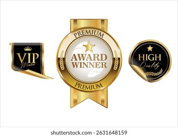 Award and premium emblem and badges gold color isolated stock illustration 