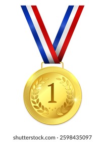 Award premium gold medal for first place with a red, blue and white ribbon
