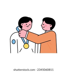 An award presenter is hanging a gold medal around an athlete's neck. outline simple vector illustration.