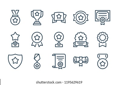 Award And Prize Line Icons. Trophy Cup And Achivement Vector Icon Set.