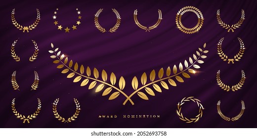 Award prize set, gold laurel wreath and stars on purple curtain vector illustration. Golden winner nomination emblem, festival ceremony luxury invitation design on satin fabric silk background svg