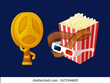 Award prize in shape of bobbin vector, movie trophy for producer and best actor flat style. Popcorn in package, glasses for 3d films watching cinema