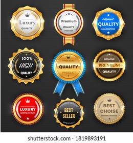 Award and quality labels isolated vector round emblems with golden frames and ribbons. Best seller, luxury product store promotion, shop special offer. Highest quality badge design icons or stamps set