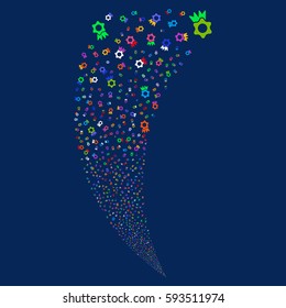 Award random fireworks stream. Vector illustration style is flat bright multicolored iconic symbols on a blue background. Object fountain made from scattered pictograms.