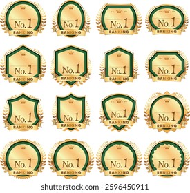 Award Ranking Badge Icon Set. Elegant gold badges and emblems for awards, rankings, and achievements. Ideal for branding, ads, websites, and product packaging.