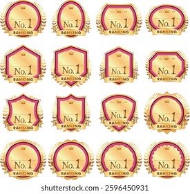 Award Ranking Badge Icon Set. Elegant gold badges and emblems for awards, rankings, and achievements. Ideal for branding, ads, websites, and product packaging.