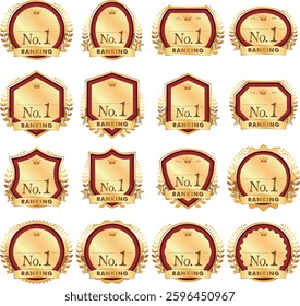 Award Ranking Badge Icon Set. Elegant gold badges and emblems for awards, rankings, and achievements. Ideal for branding, ads, websites, and product packaging.