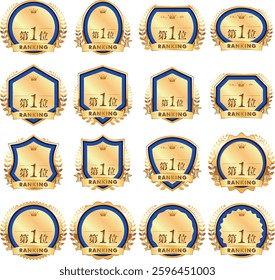 Award Ranking Badge Icon Set. Elegant gold badges and emblems for awards, rankings, and achievements. Ideal for branding, ads, websites, and product packaging.