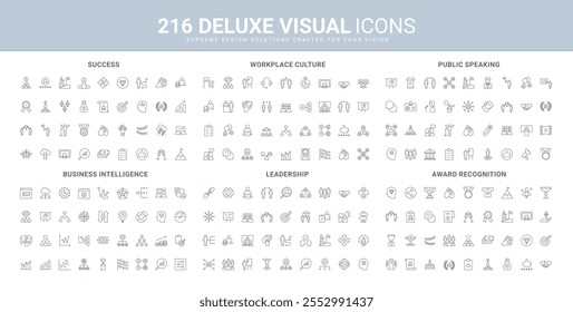 Award recognition, leadership, office culture line icon set. Public speech and presentation of artist and leader, money and bonuses, reward for success thin black outline symbols vector illustration