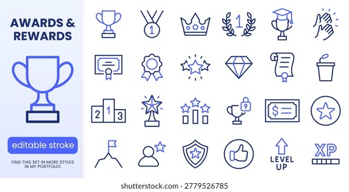Award and recognition line icon set. Trophy, medal, crown, certificate, podium minimal vector illustrations. Simple outline signs for success and achievement. Blue duotone color. Editable Stroke