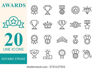Award and recognition line icons set with editable strokes for trophies, medals, ribbons, crowns, and achievement symbols	