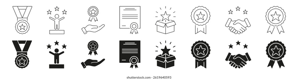 Award And Recognition Line And Solid Icon Set. Achievement, Excellence, And Success Symbol Collection. Medals, Certificates, And Handshakes. Isolated Vector Illustration.