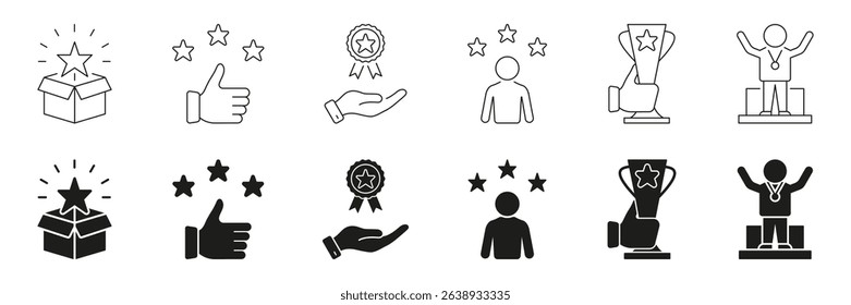 Award And Recognition Line And Solid Icon Set. Achievement, Excellence, And Success Symbol Collection. Includes Trophies, Medals, And Stars. Isolated Vector Illustration.