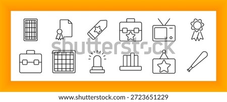 Award and recognition set icon. Briefcases, stars, grid charts, spotlight, ID badge, ribbon, and pencil drawn in outlined style highlighting success, tracking, and achievements.