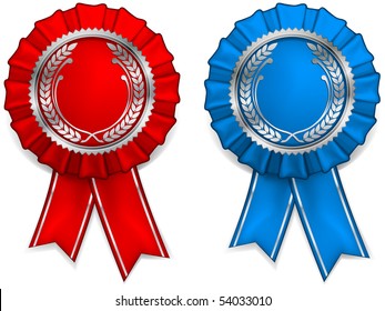 Award red and blue rosettes with arms and ribbons, vector illustration