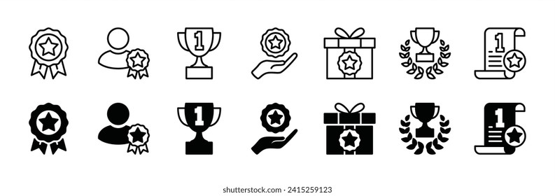 Award and reward icon set. Success thin line icons. Badge, trophy, Gift, and Certified Medal icons symbol. Vector illustration 