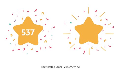 Award reward star points earned received icon flat cartoon graphic illustration set, new rating score bonus achieved medal sign symbol, quality medal golden game with confetti surprise 