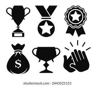 Award and reward vector web icons set, success symbols isolated on white background. Business flat illustrations of high quality and top ranked products, praise concept