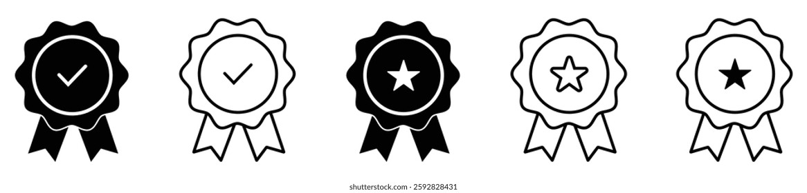 Award ribbon badge icons set with checkmark and star symbols, black and white achievement emblem collection for certification, excellence, and quality. award medal with ribbons for winners. 