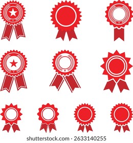 Award Ribbon and Badges, Red ribbon and banner set, guarantee labels isolated on a white background, vector illustration