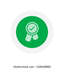 Award with ribbon and check mark, icon. Icon in colored circle with gray bold border. Web button, modern flat design