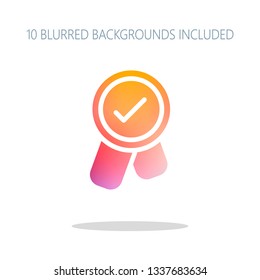 Award with ribbon and check mark, icon. Colorful logo concept with simple shadow on white. 10 different blurred backgrounds included