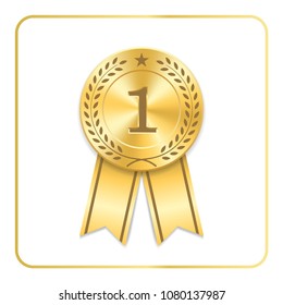 Award ribbon gold icon. Blank medal isolated on white background. Stamp rosette design trophy. Golden emblem. Symbol of winner, celebration, sport achievement, champion Vector illustration