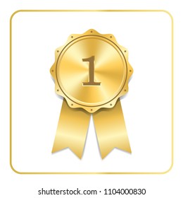 Award ribbon gold icon. Blank medal isolated on white background. Stamp rosette design trophy. Golden emblem. Symbol of winner, celebration, sport achievement, champion Vector illustration