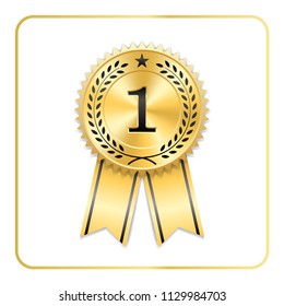 Award ribbon gold icon. Blank medal isolated on white background. Stamp rosette design trophy. Golden emblem. Symbol of winner, celebration, sport achievement, champion Vector illustration