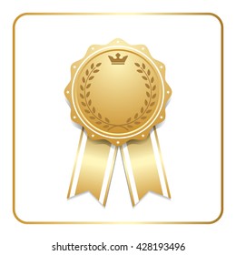 Award ribbon gold icon. Blank medal with laurel wreath isolated on white background. Stamp rosette design trophy. Golden symbol of winner, celebration, sport competition, champion. Vector illustration