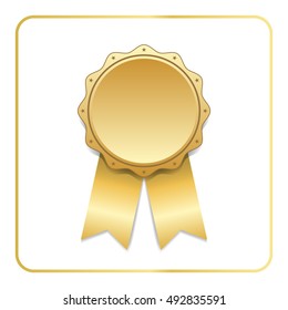 Award ribbon gold icon. Blank medal with stars isolated on white background. Stamp rosette design trophy. Golden emblem. Symbol winner, celebration, sport achievement, champion. Vector illustration