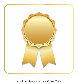 Award ribbon gold icon. Blank medal, isolated on white background. Stamp rosette design trophy. Golden emblem. Symbol of winner, celebration, sport achievement, champion. Vector illustration