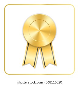Award ribbon gold icon. Blank medal isolated on white background. Stamp rosette design trophy. Golden emblem. Symbol of winner, celebration, sport achievement, champion. Vector illustration