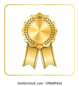 Award ribbon gold icon. Blank medal with laurel wreath isolated white background. Stamp rosette design trophy. Golden symbol of winner, celebration, sport competition, champion. Vector illustration