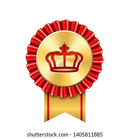 Award ribbon gold icon. Golden red medal crown design isolated white background. Symbol winner celebration, best champion achievement, success trophy seal. Blank rosette element Vector illustration