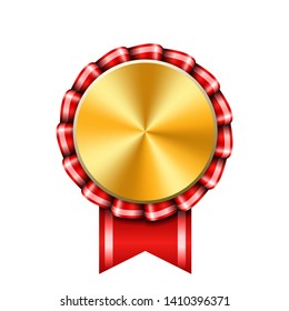 Award ribbon gold icon. Golden red medal design isolated on white background. Symbol of winner celebration, best champion achievement, success trophy seal. Blank rosette element Vector illustration