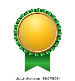 Award ribbon gold icon. Golden green medal design, isolated white background. Symbol of winner celebration, best champion achievement, success trophy seal. Blank rosette element Vector illustration