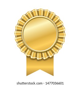 Award ribbon gold icon. Golden medal design isolated on white background. Symbol of winner celebration, best champion achievement, success trophy seal. Blank rosette element Vector illustration