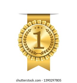 Award ribbon gold icon number first. Design winner golden medal 1 prize. Symbol best trophy, 1st success champion, one sport competition honor, achievement leadership, victory Vector illustration - Shutterstock ID 1390297805