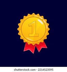 Award ribbon gold medal number first isolated cartoon icon. Vector winner golden medal 1 prize design. Best trophy, 1st success champion, achievement leadership, one sport competition honor victory