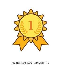 Award ribbon gold medal number first icon,1st success champion achievement award isolated vector illustration