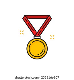 Award ribbon gold medal on red stripe, isolated line golden trophy icon. Vector boxing, fighting, wrestling achievement winner golden medal prize