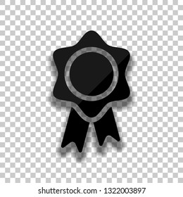 Award with ribbon, gold prize for winner, icon. Black glass icon with soft shadow on transparent background