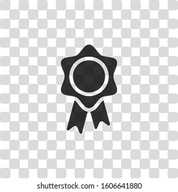 Award with ribbon, gold prize for winner, icon. Black symbol on transparency grid