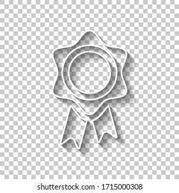 Award with ribbon, gold prize for winner, icon. White outline sign with shadow on transparent background