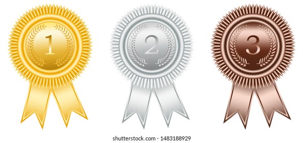 Award ribbon in gold, silver and bronze with laurel wreath as vector on white isolated background.