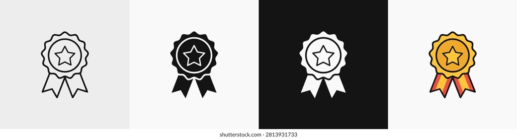 Award ribbon icon vector signifies best quality product or service satisfaction, featuring a star in the middle. Available in line, solid, glyph, and flat styles, award symbol is ideal for highlighting excellence and premium standards. Design is suitable for various projects requiring an emblem of superior performance.