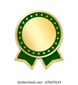 Award ribbon isolated. Gold green design medal, label, badge, certificate. Symbol best sale, price, quality, guarantee or success, achievement. Golden ribbon award decoration Vector illustration