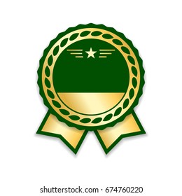 Award ribbon isolated. Gold green design medal, label, badge, certificate. Symbol best sale, price, quality, guarantee or success, achievement. Golden ribbon award decoration Vector illustration